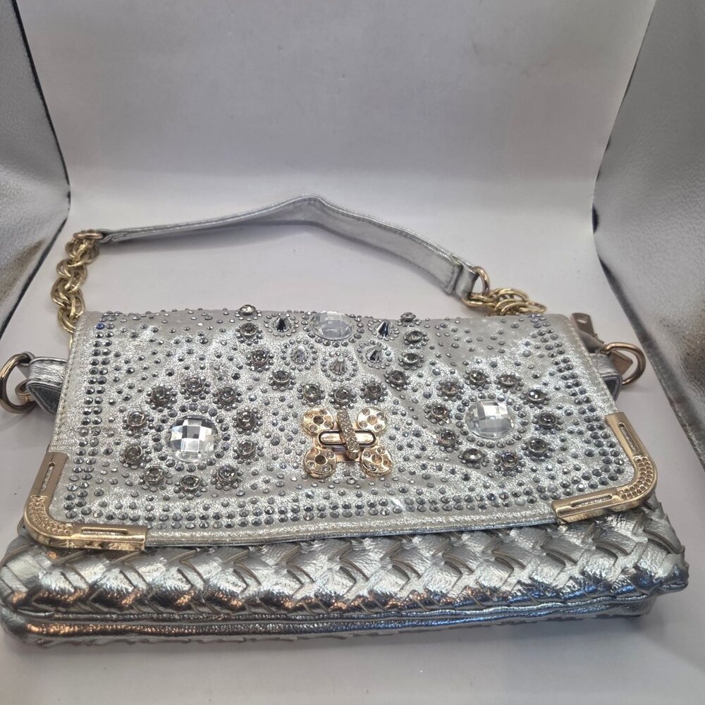 Julia & Michael Bag Womens Silver Jeweled Shoulder Crossbody Rhinestone Evening